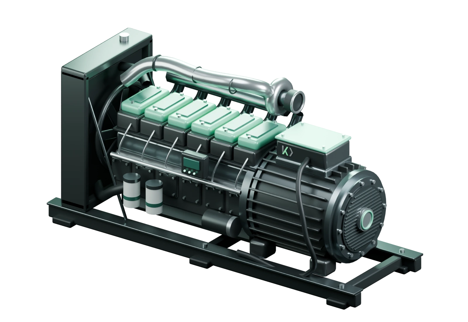 Detailed industrial generator with a six-cylinder engine, alternator, radiator and connecting pipework