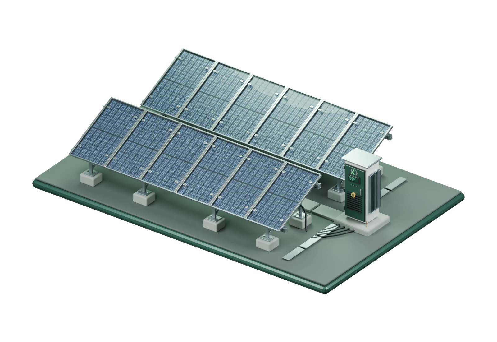 Solar arrays with individual photovoltaic cells, glass panels, steel mountings and electrical equipment