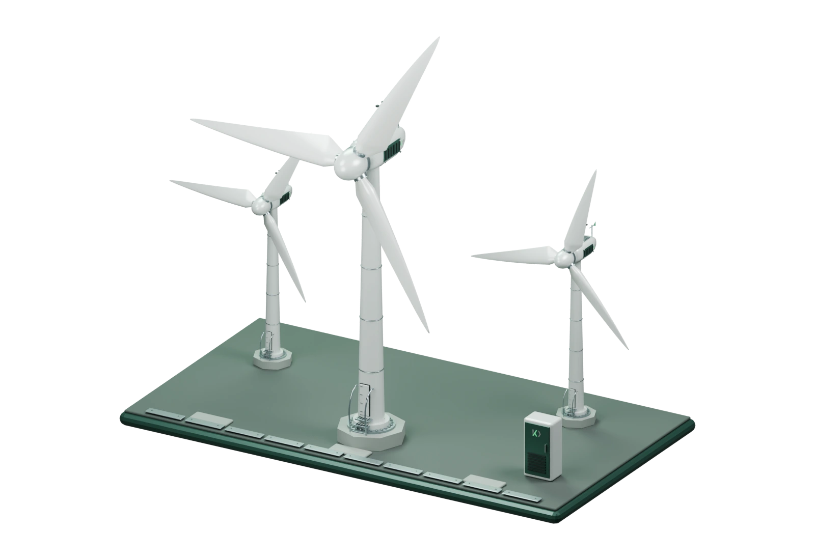 Wind turbines with aerodynamic blades, detailed nacelles and segmented towers